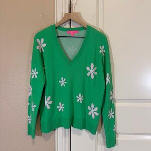 Lilly Pulitzer Tensley V-Neck Sweater Spearmint Blossom Womens Large